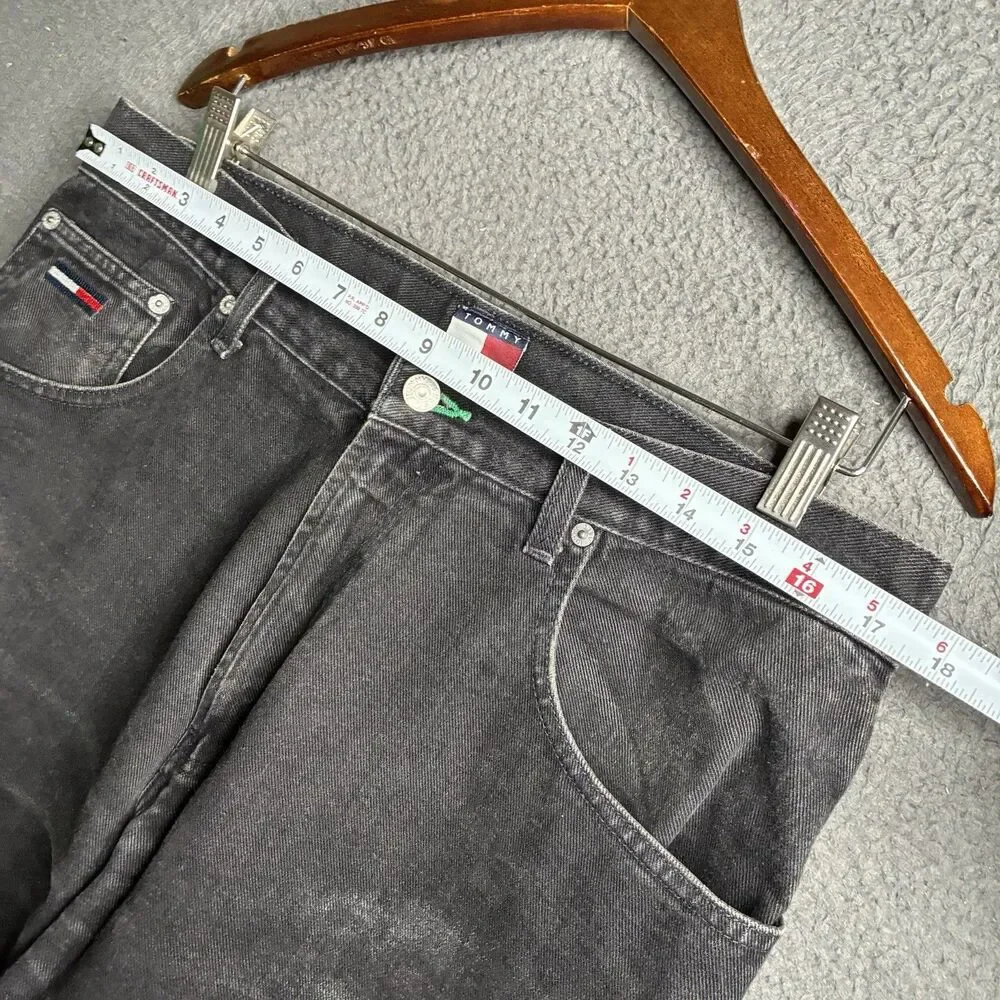 Vtg 90s Tommy Hilfiger Mens 34x29 Baggy Denim Jeans Black Whiskered Flag